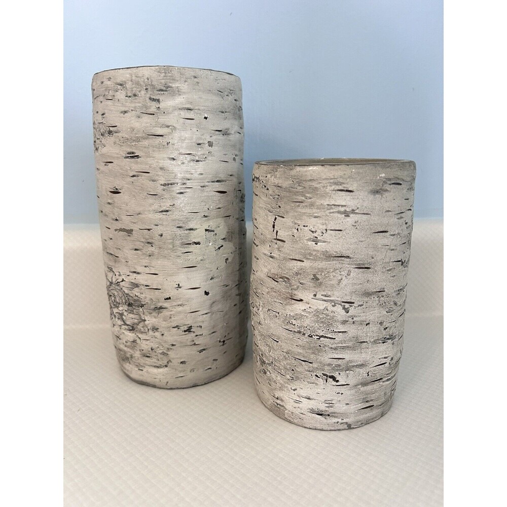 Set of 2 Faux White Birch Wood Look Pillar Candle Holders HD Designs